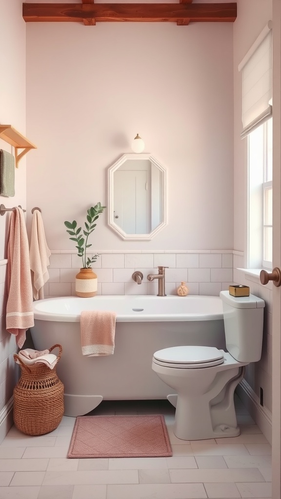 A pastel-colored bathroom featuring a freestanding bathtub, soft pink walls, and natural wood accents.