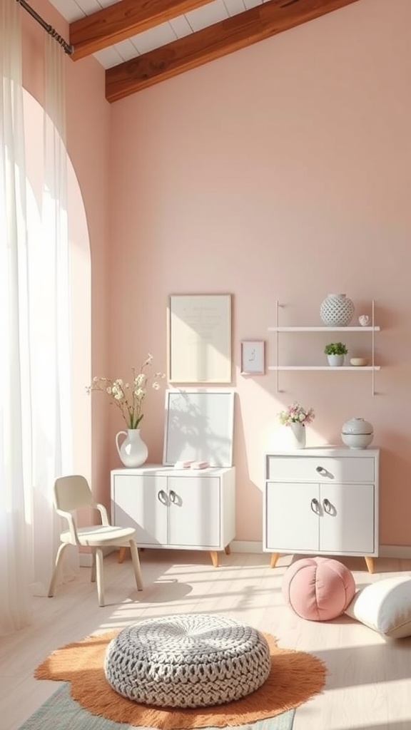 A cozy room with pastel pink walls, white furniture, and decorative items, featuring natural light and a calm atmosphere.