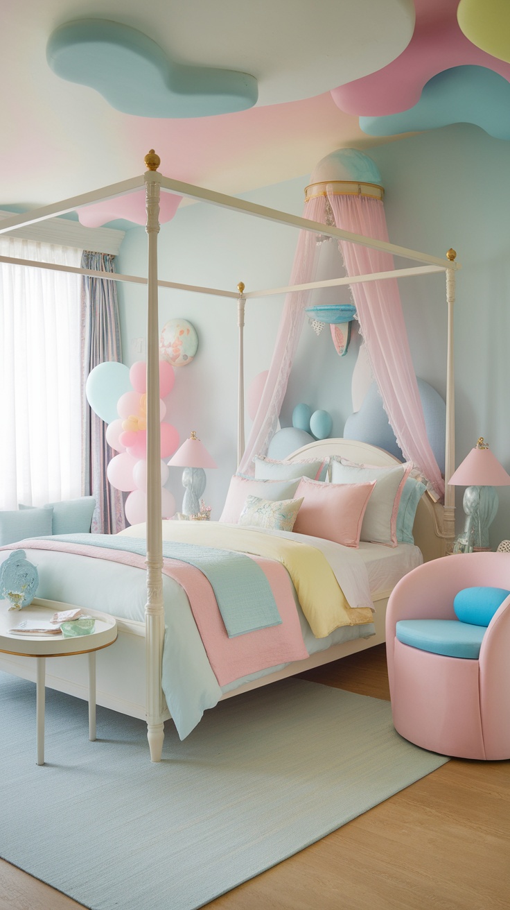 Cozy pastel bedroom with pink walls, white bedding, and plush toys.