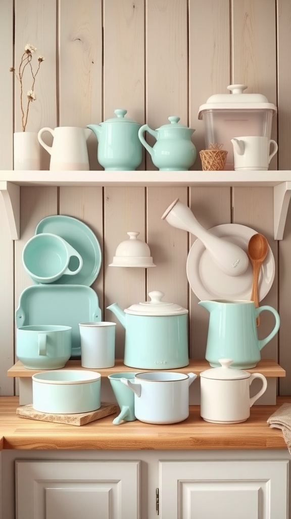 A display of pastel kitchen accessories including teapots, cups, and bowls on wooden shelves.