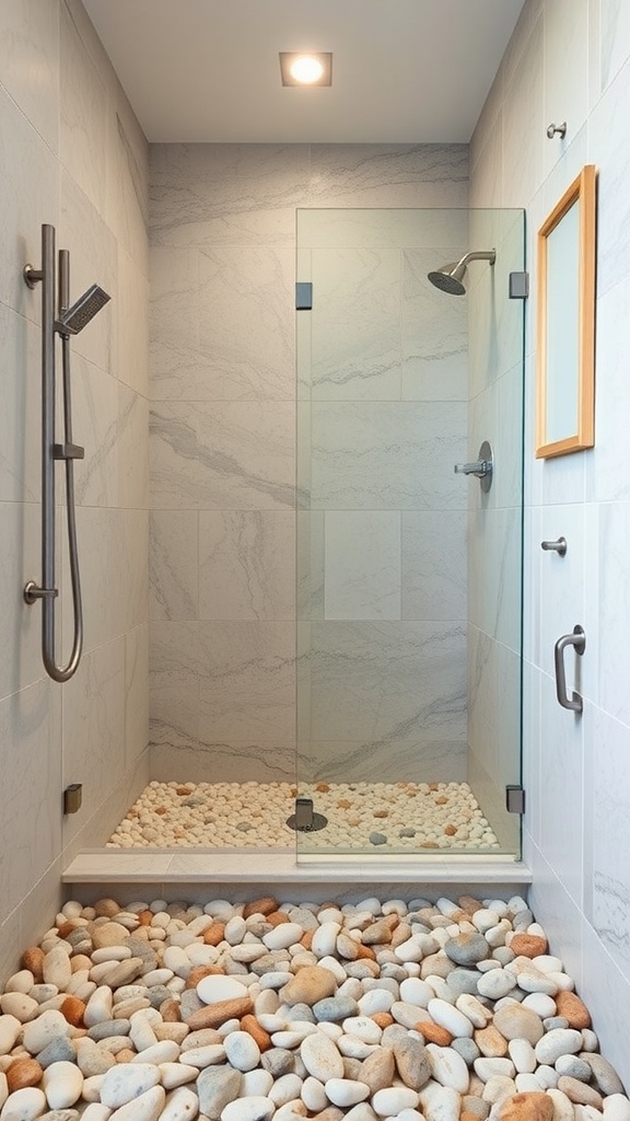 A modern shower featuring smooth pebble stones on the floor and a glass enclosure.
