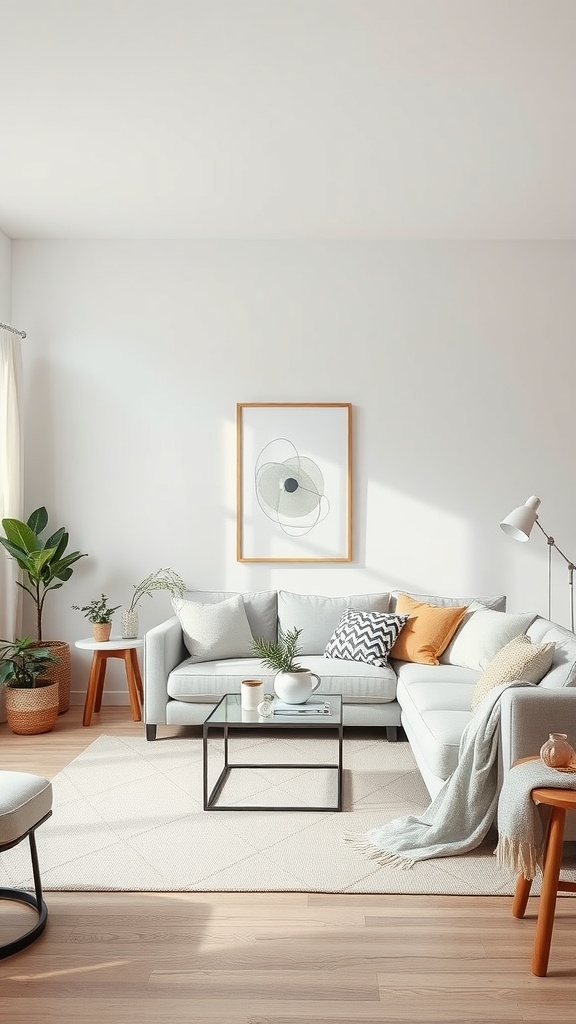 A minimalist living room featuring a cozy sectional sofa, plants, and simple decor.