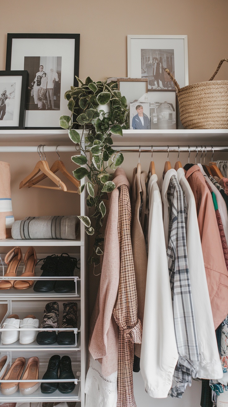 A personalized closet with shelves, photos, woven baskets, and a comfy stool.