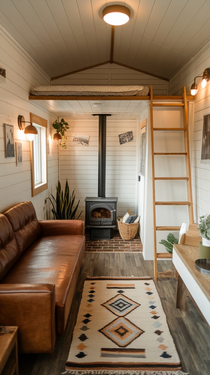 Cozy nook in a tiny house with personalized decor including framed photos, plants, and a small table.