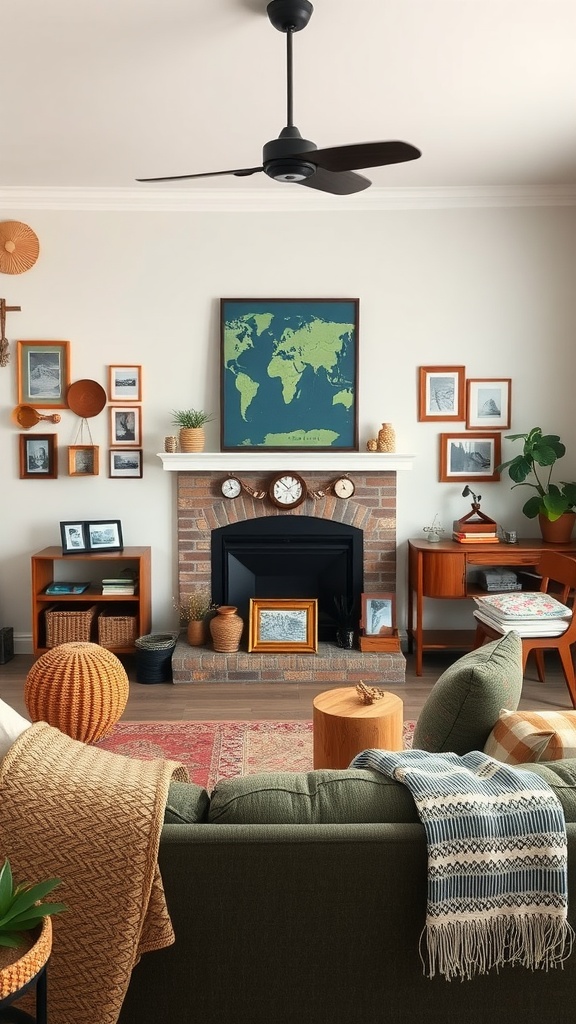 A cozy boho living room with a world map, framed photos, and earthy decor elements.
