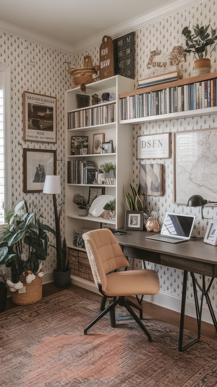 A cozy home office with a mix of framed art, a modern desk, and plants.