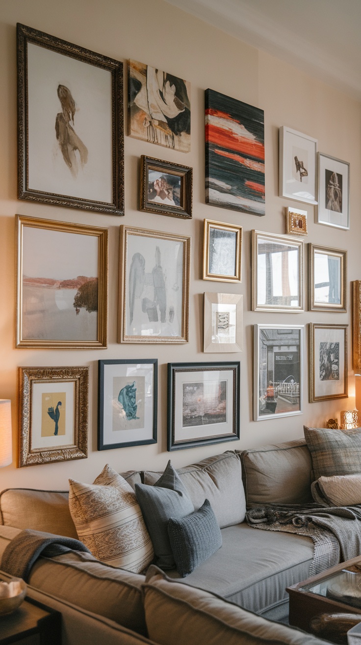 A modern living room with a gallery wall featuring various framed photographs and art pieces, a gray sofa, and a wooden coffee table.