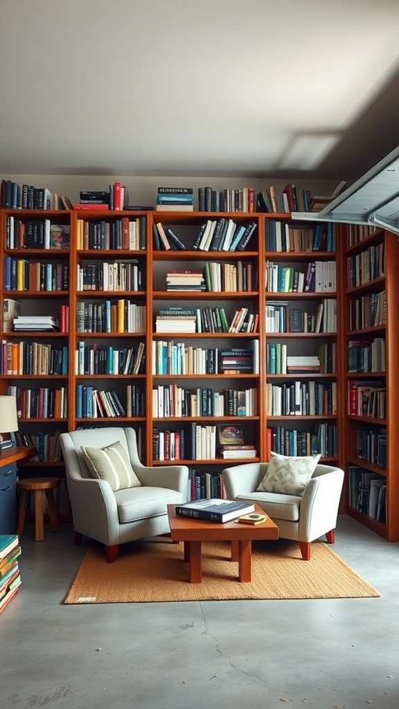 A cozy home library with wooden shelves filled with books, two comfortable armchairs, and a coffee table.