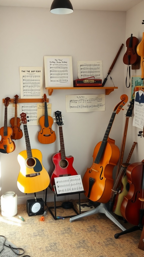 A cozy music corner filled with various instruments, sheet music, and a warm atmosphere.