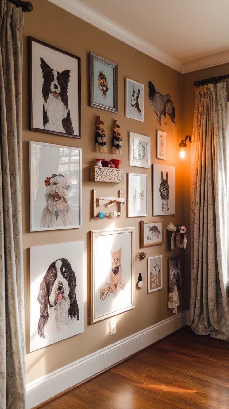 A wall displaying various framed portraits of dogs with a happy dog standing in front.