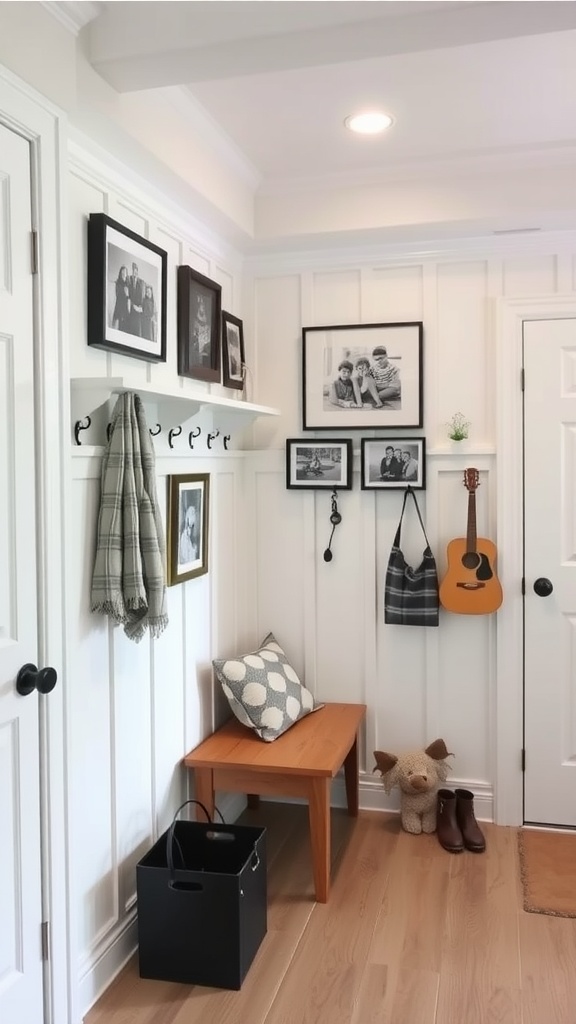 A stylish mudroom with family photos on the wall, a bench, and hooks for hanging items.
