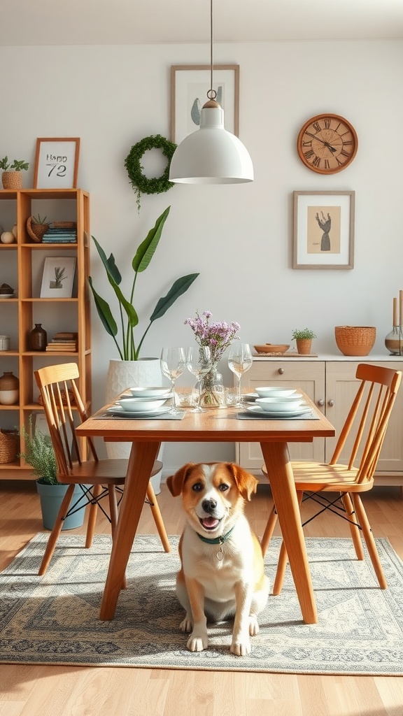 A cozy dining area with a dog sitting under a wooden table, featuring bright decor and houseplants.
