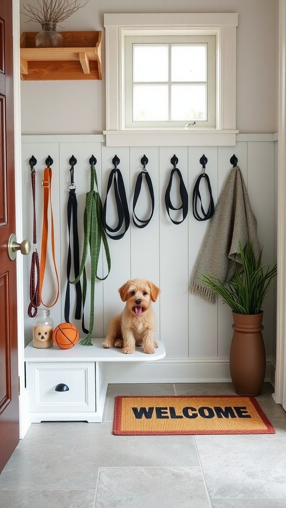 A cozy pet-friendly entryway featuring a small dog on a storage bench, leashes hanging on hooks, and a welcome mat.