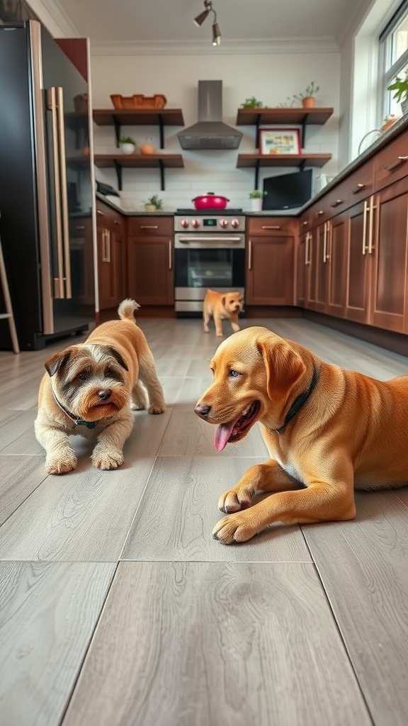 Three dogs playing on a pet-friendly floor in a modern kitchen