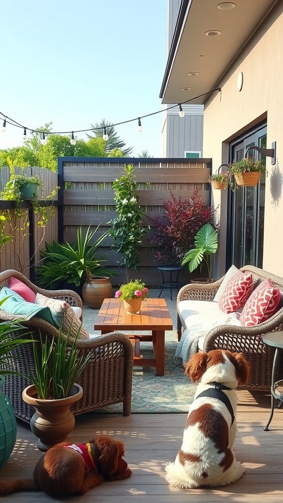 A cozy outdoor patio with comfortable seating, plants, and two dogs enjoying the sunshine.