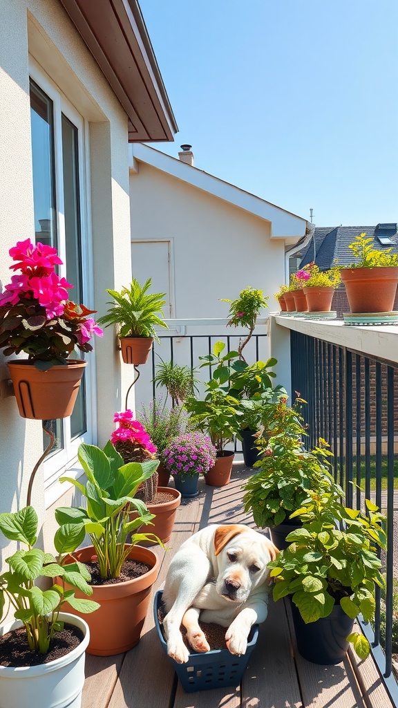 A sunny balcony garden with various potted plants and a dog lounging in a basket.