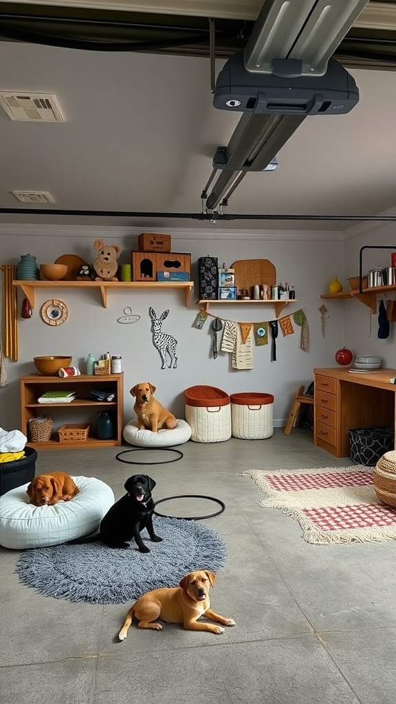 A cozy garage converted into a pet haven, featuring dogs lounging on beds and playful decor.