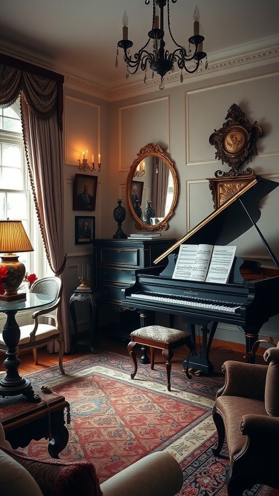 A corner of a Victorian living room featuring a grand piano with sheet music, a chandelier, a mirror, and elegant furnishings.
