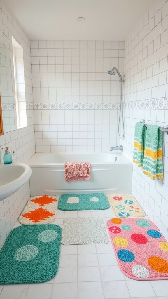 Colorful bath mats in a bright bathroom setting