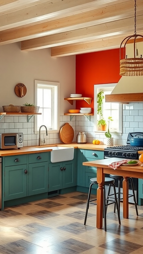 A colorful farmhouse kitchen featuring teal cabinetry and a red accent wall.