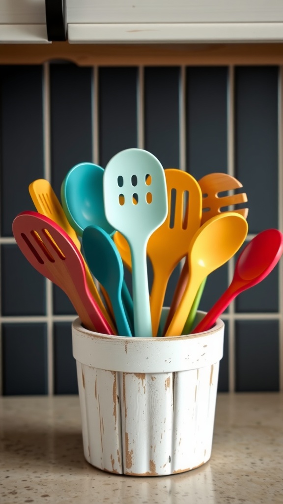 Colorful kitchen utensils in a white rustic container