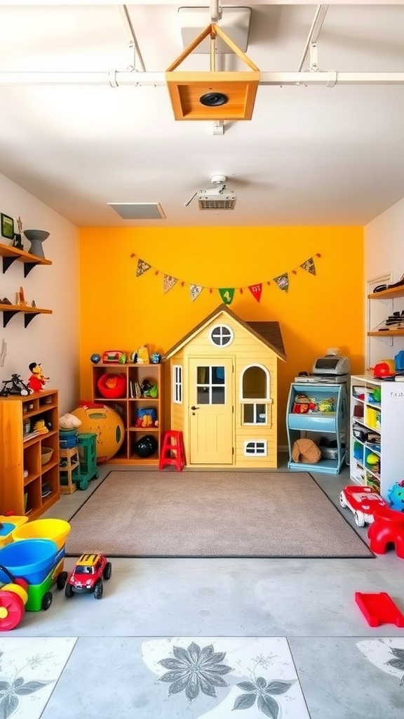 A bright and cheerful playroom for kids in a garage, featuring a playhouse, colorful toys, and organized storage.