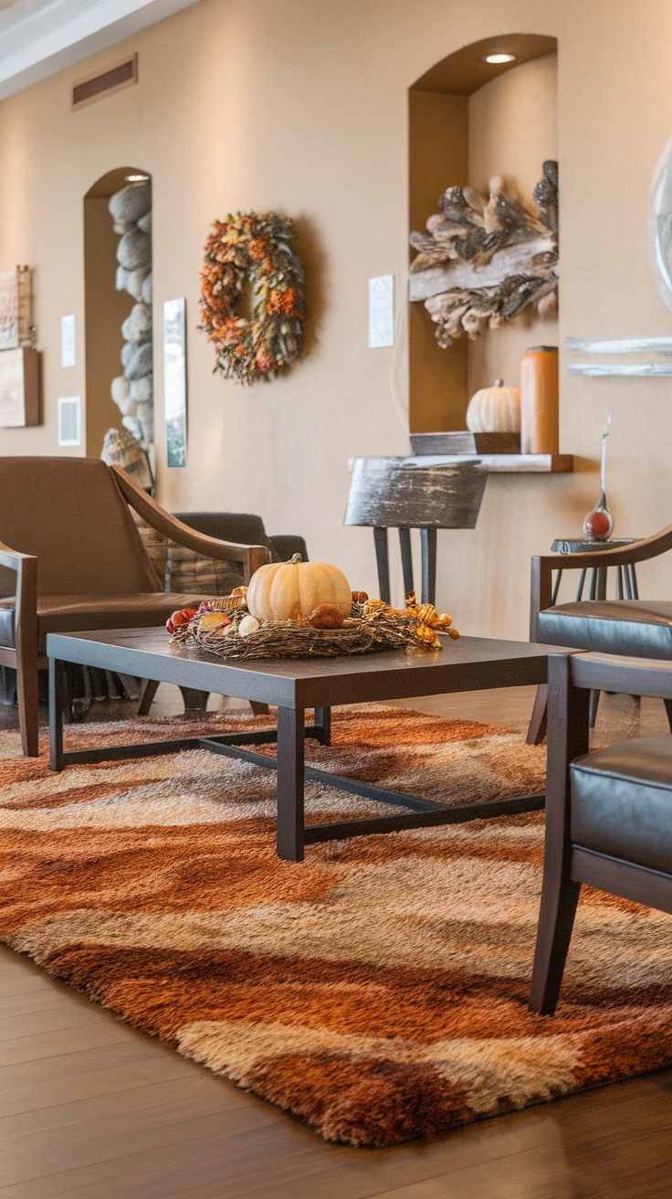 A cozy living room with a plush area rug in earth tones, complementing the warm decor.
