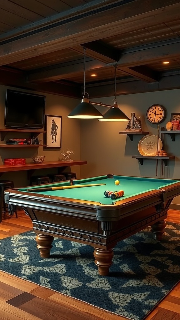 Two people playing pool in a stylish man cave with a modern atmosphere.