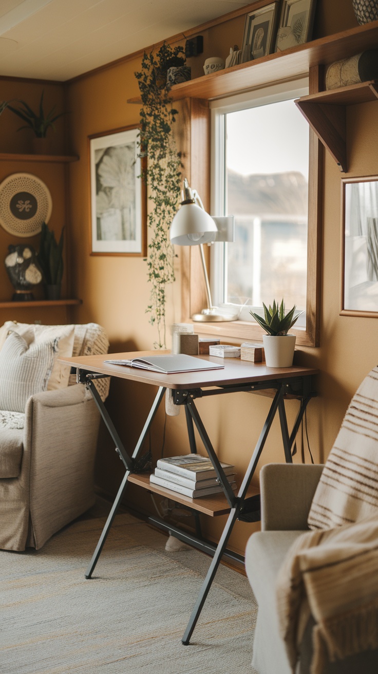 Cozy tiny house workspace with wood accents, a desk, plants, and a comfortable chair.