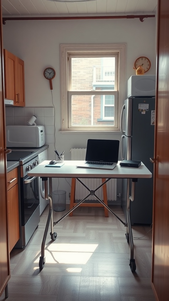 A portable workstation in a kitchen, featuring a folding table with a laptop and office supplies.