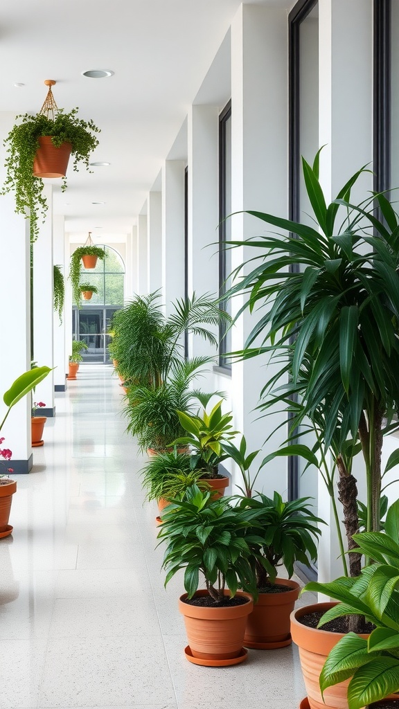 A bright hallway decorated with various potted plants and hanging planters.