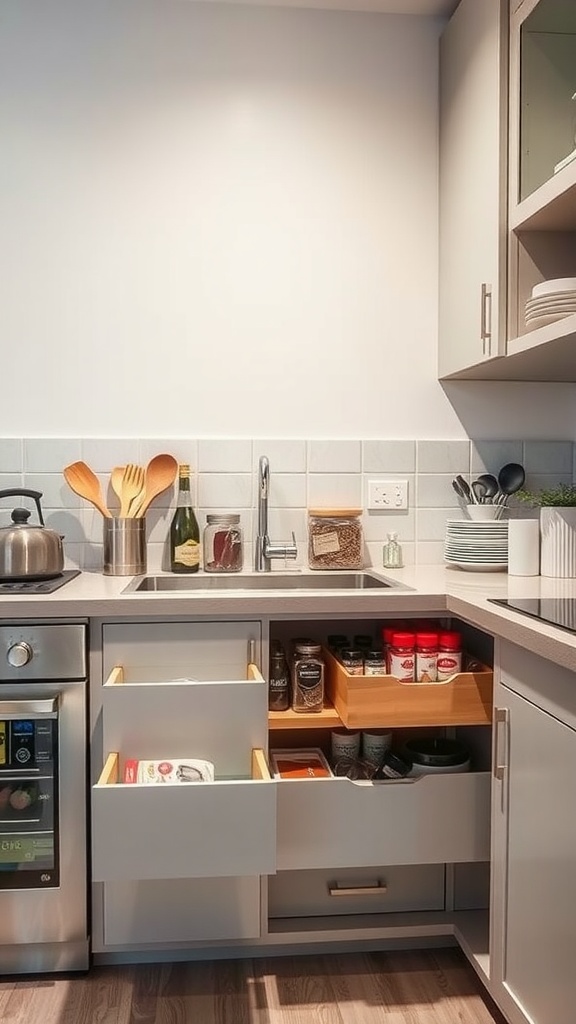 A modern kitchen featuring pull-out cabinets with spices and jars organized inside.