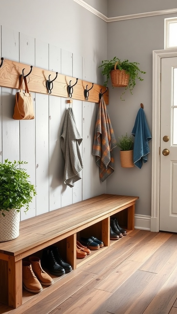 A cozy mudroom featuring a wooden bench, hooks for bags and coats, and plants in a warm-toned entryway.