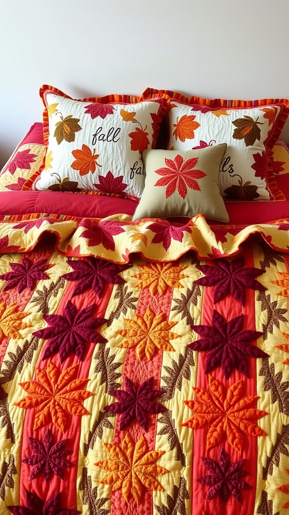 A cozy bed with a quilted bedspread featuring fall leaves in warm colors, complemented by decorative pillows.