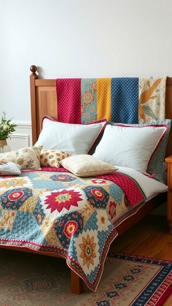 A cozy bed with a vibrant quilt featuring floral patterns and decorative pillows.