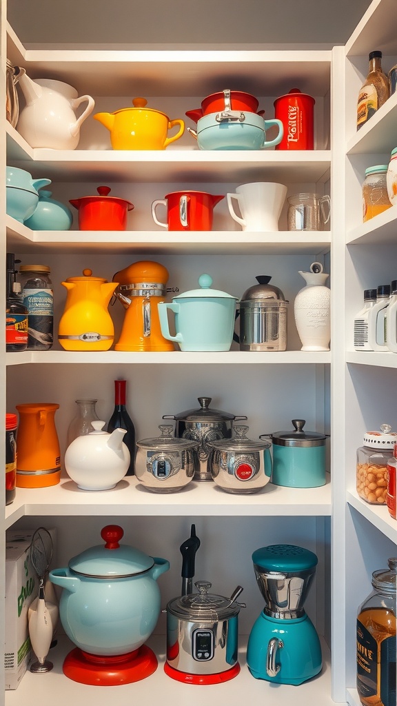 A colorful display of quirky kitchen gadgets in a well-organized pantry, featuring teapots, mixers, and various containers.