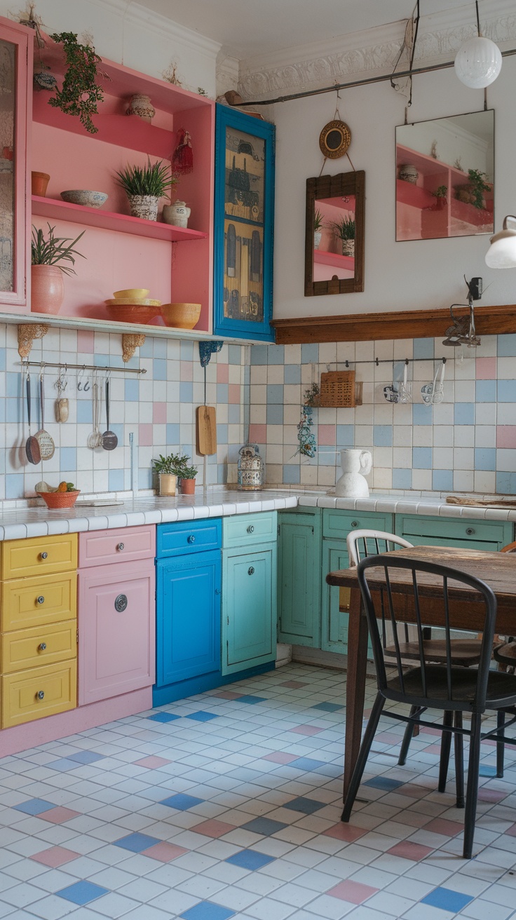A colorful kitchen featuring multicolor cabinets in pink, yellow, and white, with bright decor and open shelving.
