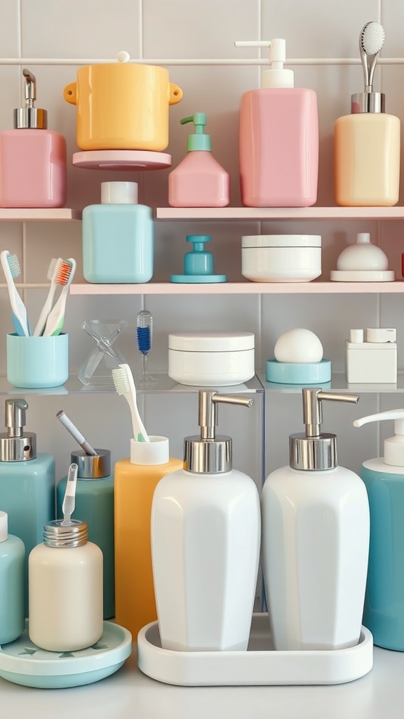 Colorful bathroom accessories arranged on shelves including various containers and dental care items.