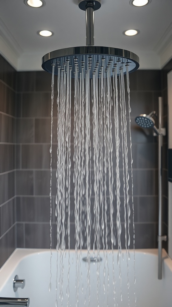 Rainfall showerhead with water cascading down in a modern bathroom setting