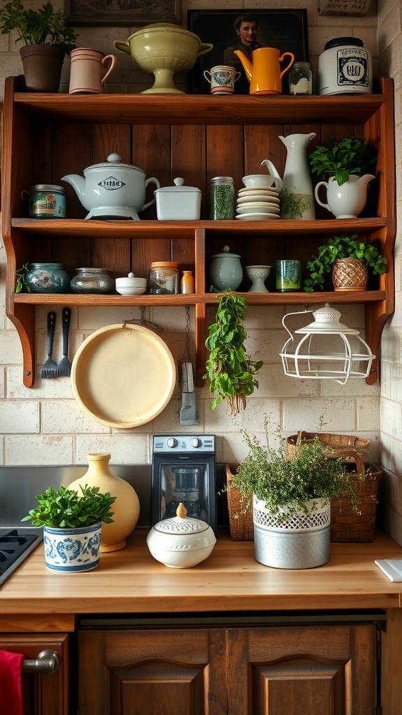 A rustic kitchen with reclaimed wood shelving displaying dishes and plants