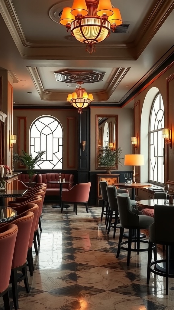 An elegant Art Deco bar interior featuring stylish lighting, plush seating, and a marble floor.