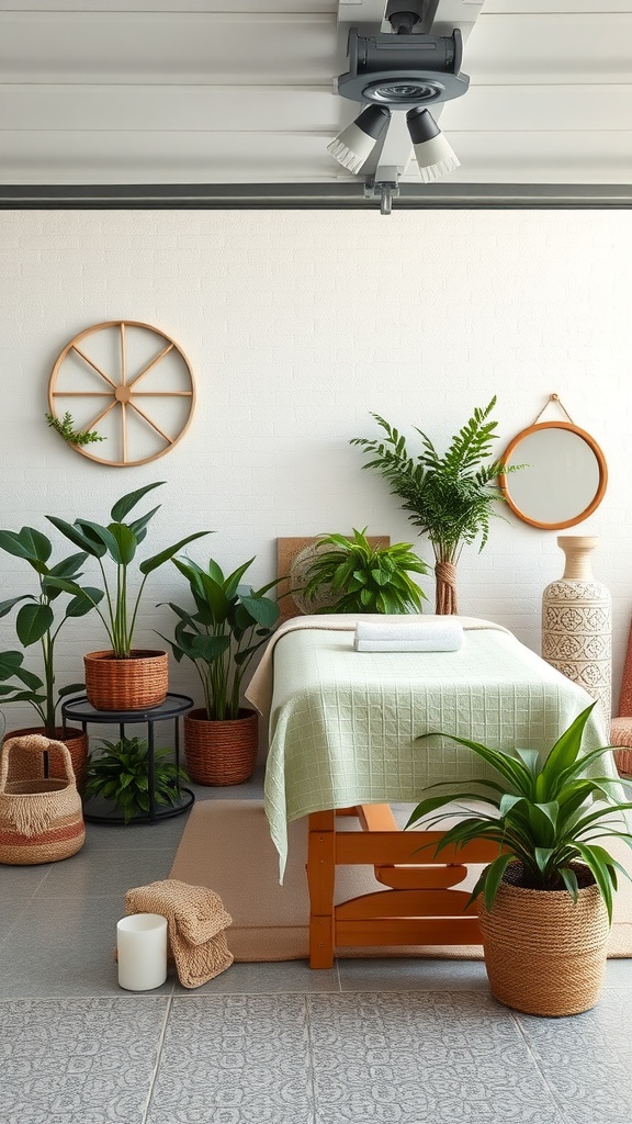 A cozy spa room in a garage conversion featuring a massage table, green decor, and plants.