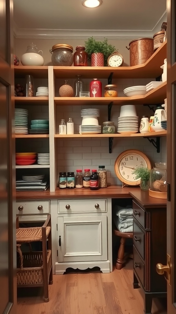 A well-organized pantry featuring repurposed furniture for shelving, showcasing various plates, jars, and containers.