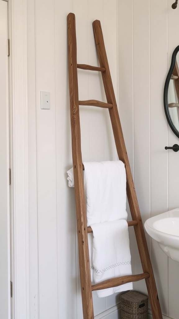 A wooden ladder used for towel storage in a small bathroom