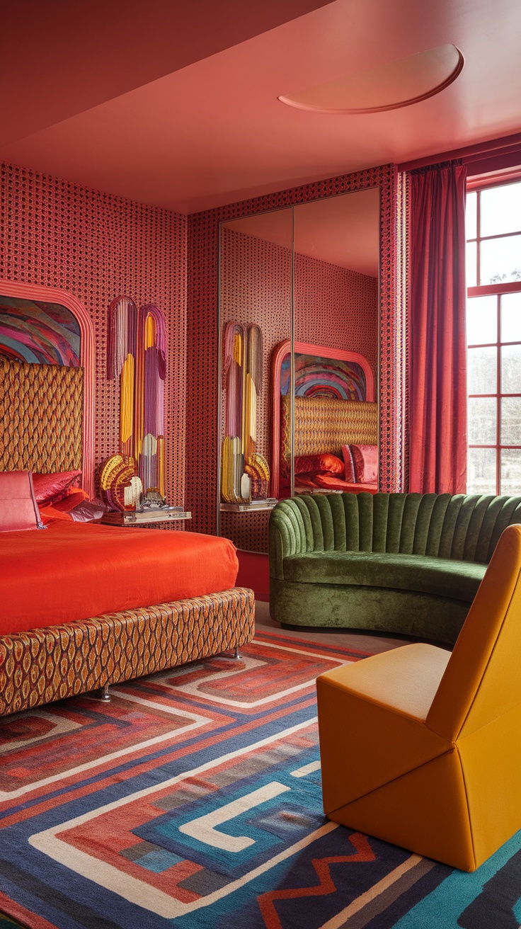 Colorful retro bedroom interior with floral wallpaper and vibrant decor.