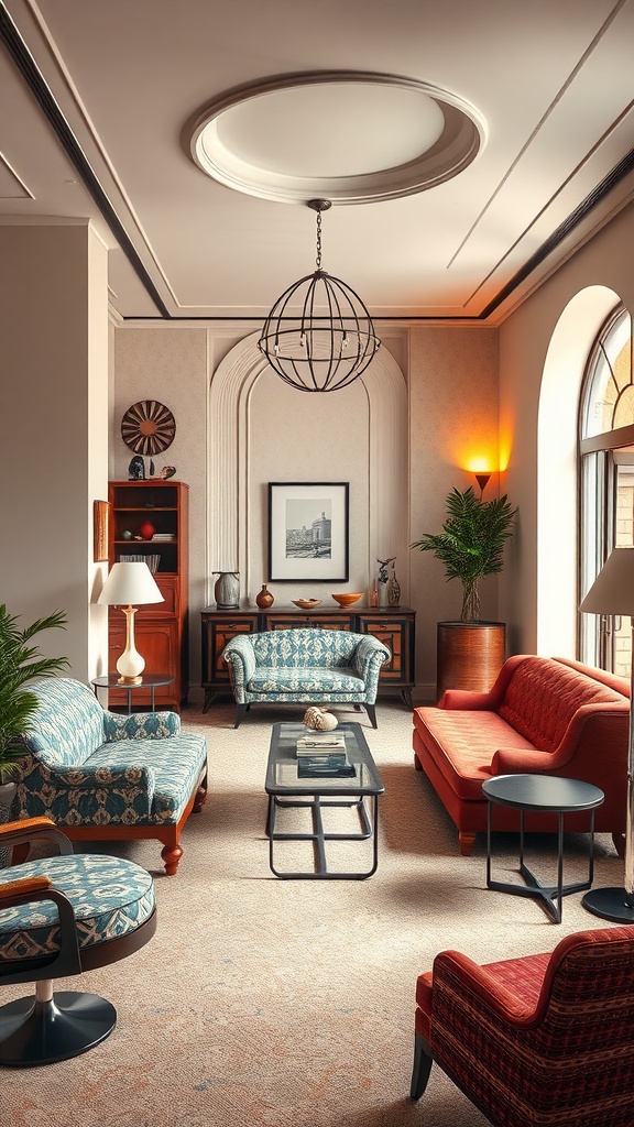 A stylish living room with retro furniture featuring colorful sofas, a coffee table, and decorative lighting.