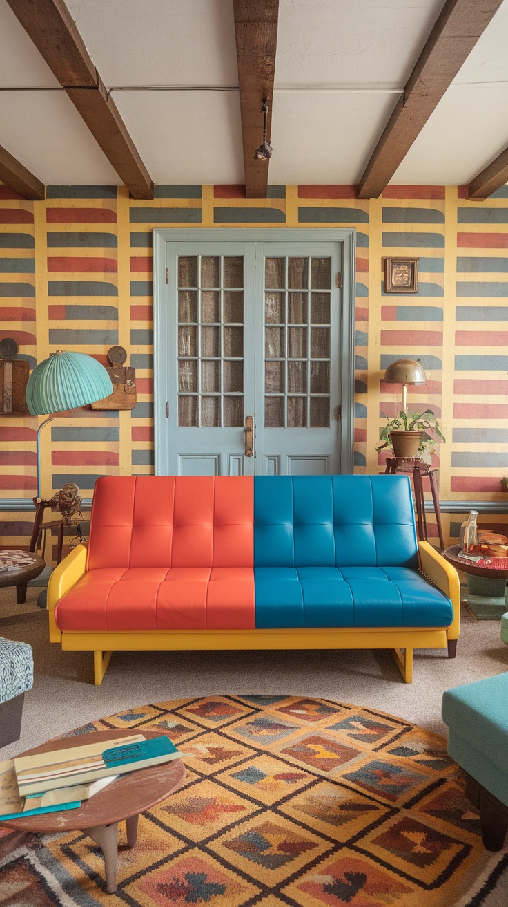 A colorful retro futon sofa with green armrests, surrounded by wall art and decor.