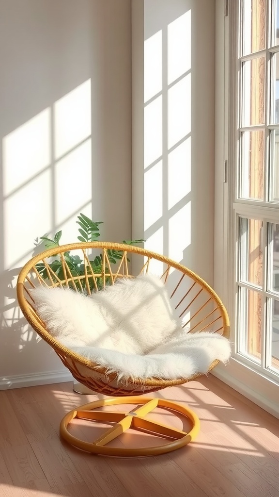 A retro-inspired Papasan chair with a yellow frame and a fluffy white cushion, positioned near a window with sunlight casting shadows.