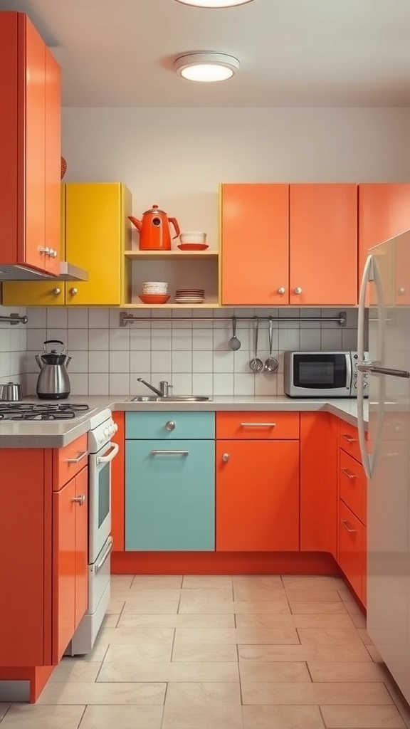 A colorful retro kitchen with metal cabinets in orange, yellow, and blue.