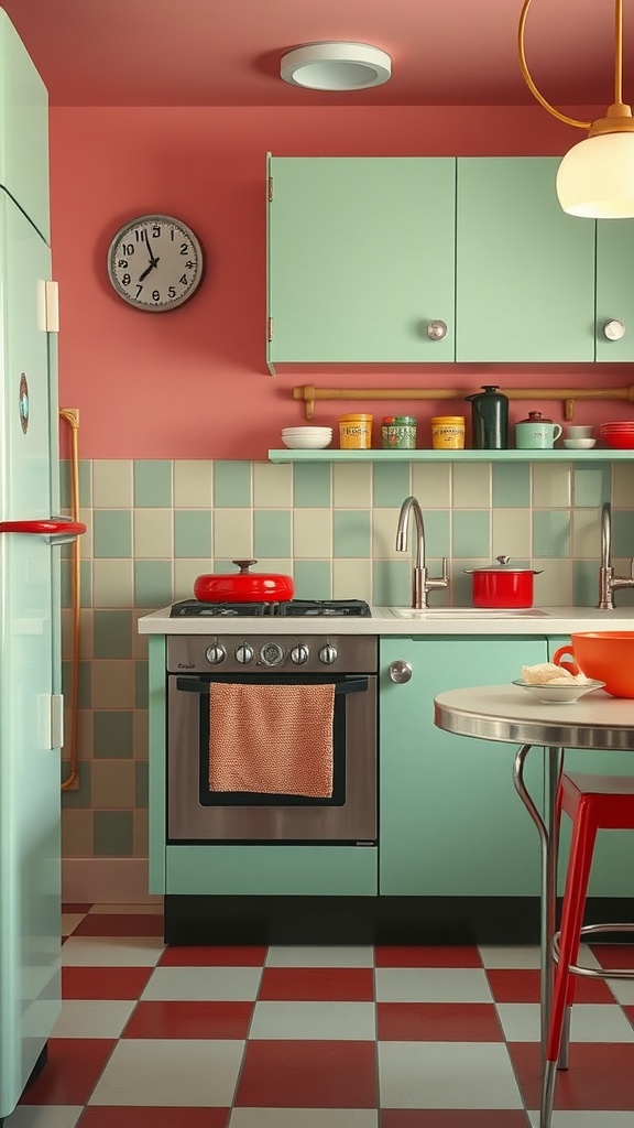 A retro kitchen with mint green cabinets and cherry red accents, featuring a checkerboard floor.
